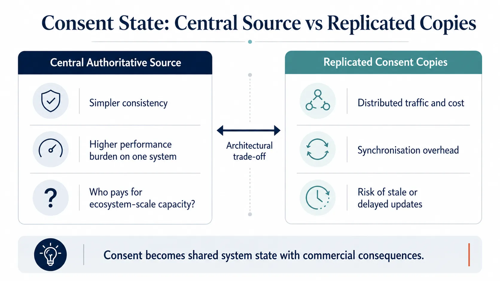 Diagram comparing a central authoritative consent source against replicated consent copies, showing the trade-off between simpler consistency and performance burden versus distributed cost and synchronisation overhead.